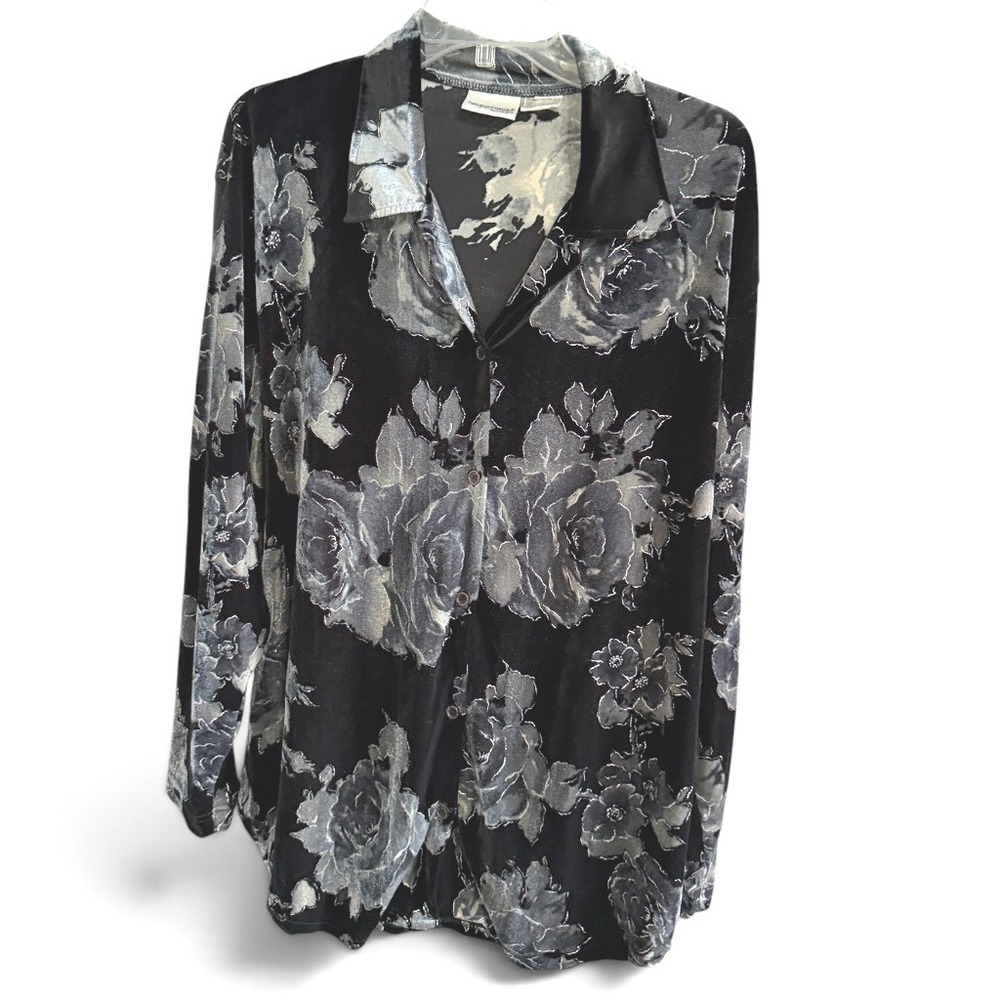 Newport News Velvet Button Down Blouse L Black Metallic Silver Floral Goth Y2K